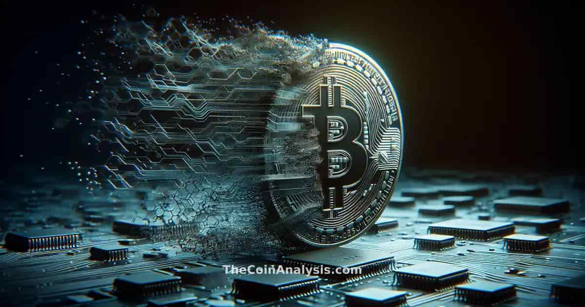 Pièce de Bitcoin se dissolvant en puces électroniques et réseaux neuronaux IA sous éclairage dramatique.