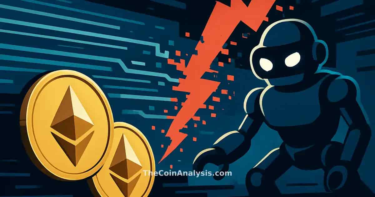 Illustration numérique d’un bot stylisé entouré de pièces Ethereum et flux de données perturbés symbolisant une faille.
