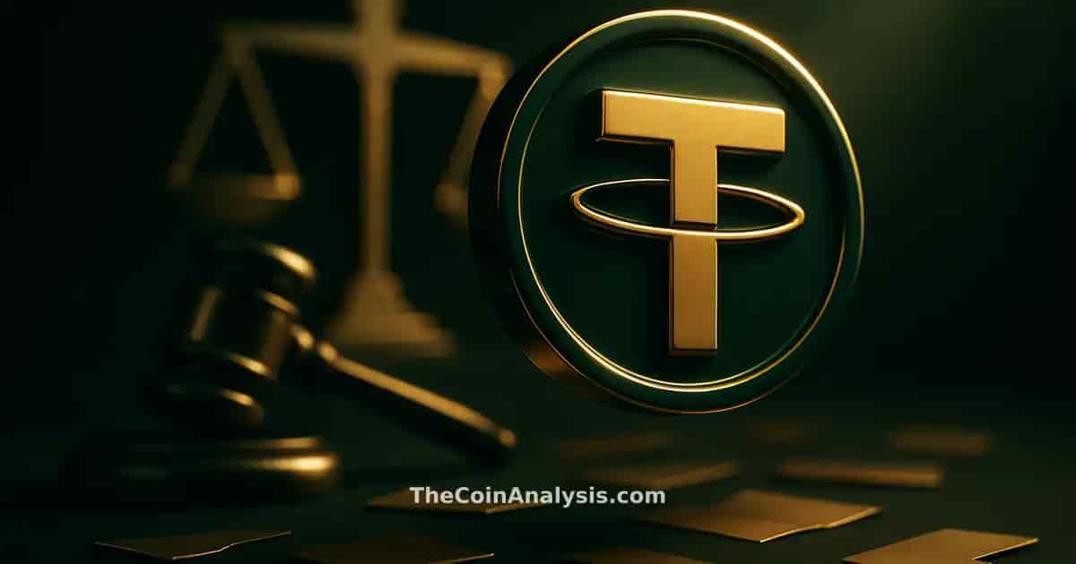 Symbole 3D brillant de Tether entouré d’un marteau, balances et documents fragmentés sur fond sombre dramatique.