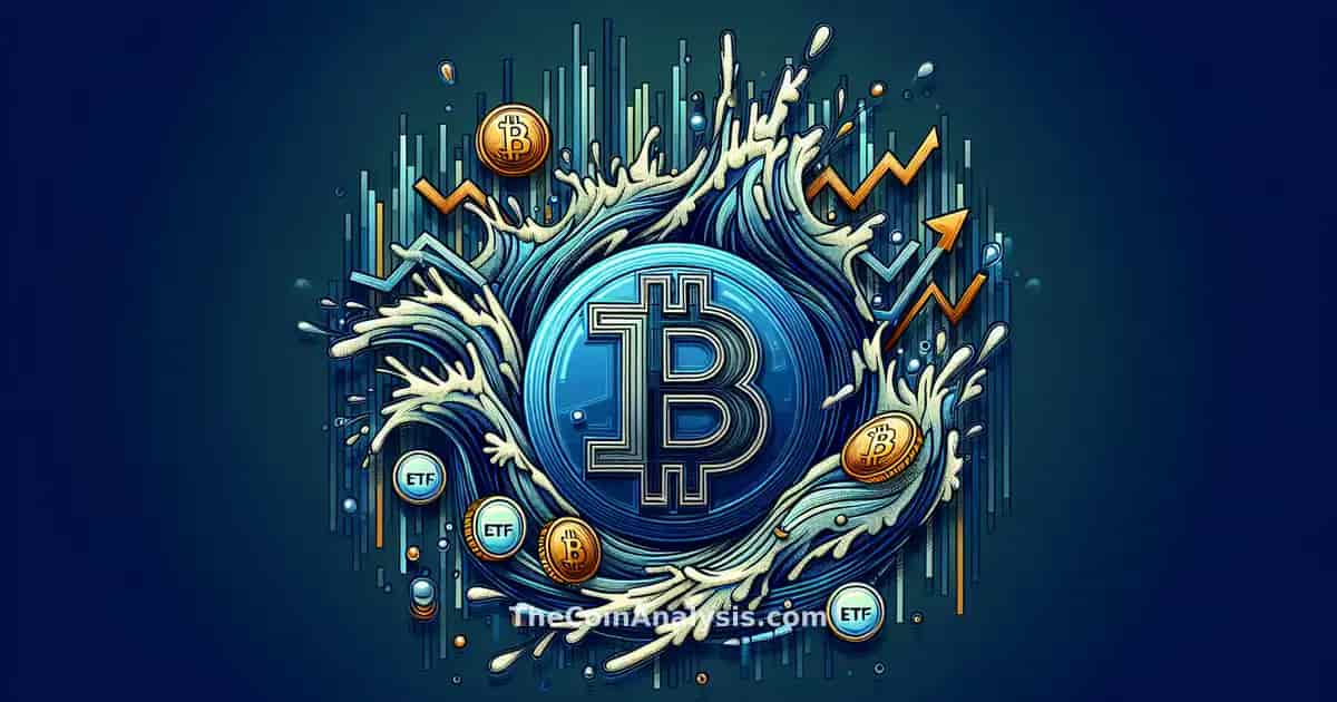 Carte en verre abstraite montrant un bitcoin en chute avec ondes impactant symboles tech et ETF.