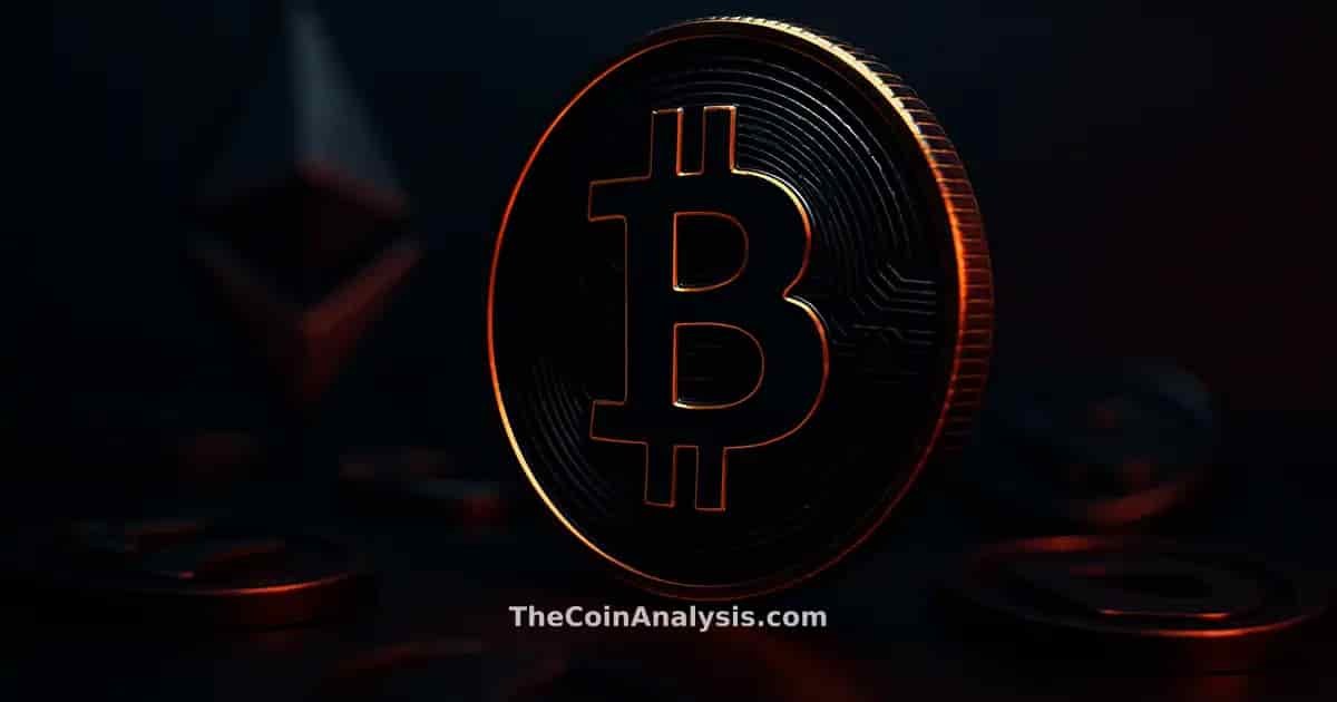 Pièce Bitcoin stylisée en 3D avec éclairage doré sur fond marine sombre, ambiance dramatique et flou artistique.