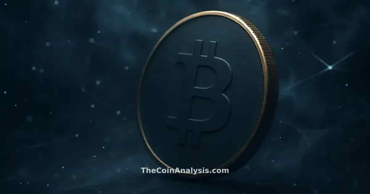 Pièce Bitcoin stylisée aux bords dorés, filaments lumineux et fumée sur fond bleu marine profond.