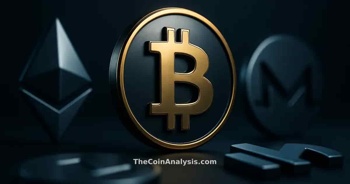 Pièce Bitcoin stylisée en 3D avec lumière dorée sur fond bleu marine sombre, ambiance cinématographique et floue.