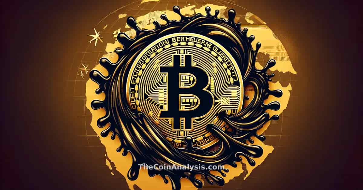 Bitcoin doré sur fond abstrait avec éclaboussures d’huile noire et contours de la carte du Moyen-Orient.