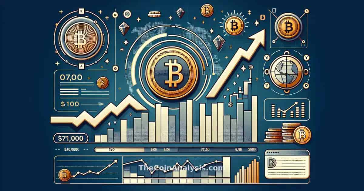 Infographie moderne montrant une pièce Bitcoin au-dessus de graphiques haussiers et symboles géopolitiques subtils.