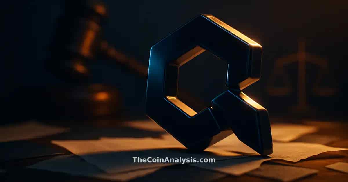 Symbole 3D brillant de la crypto Quant ($QNT) avec marteau et balances de justice en arrière-plan flou.
