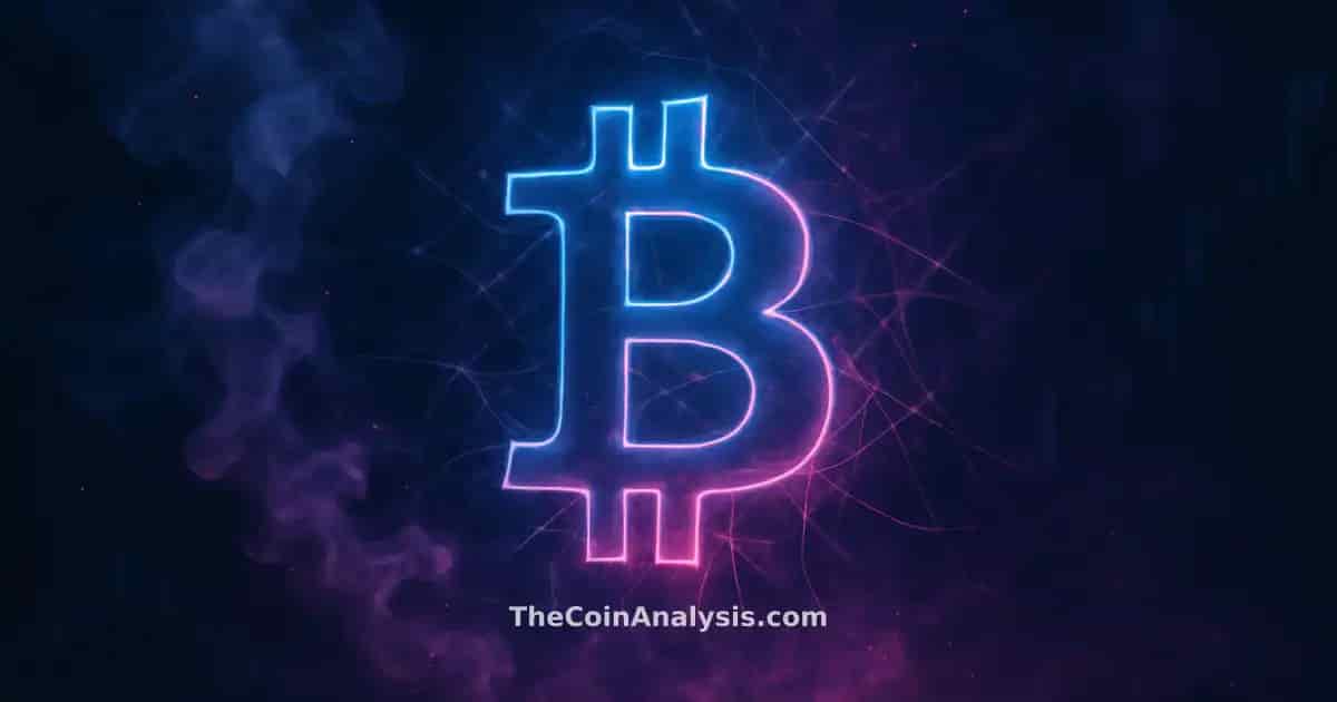 Symbole Bitcoin lumineux abstrait sur fond bleu nuit et magenta, filaments de réseau et silhouettes de chandeliers boursiers.
