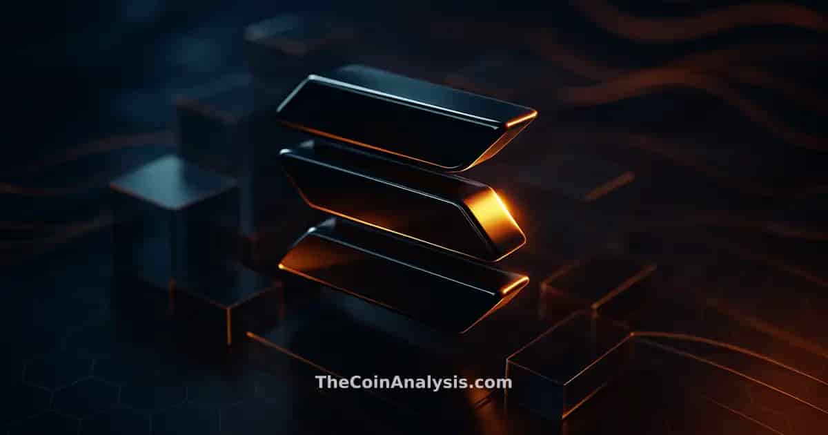 Symbole Solana 3D brillant en gros plan, éclairage dramatique, blocs translucides et rubans de données en arrière-plan.