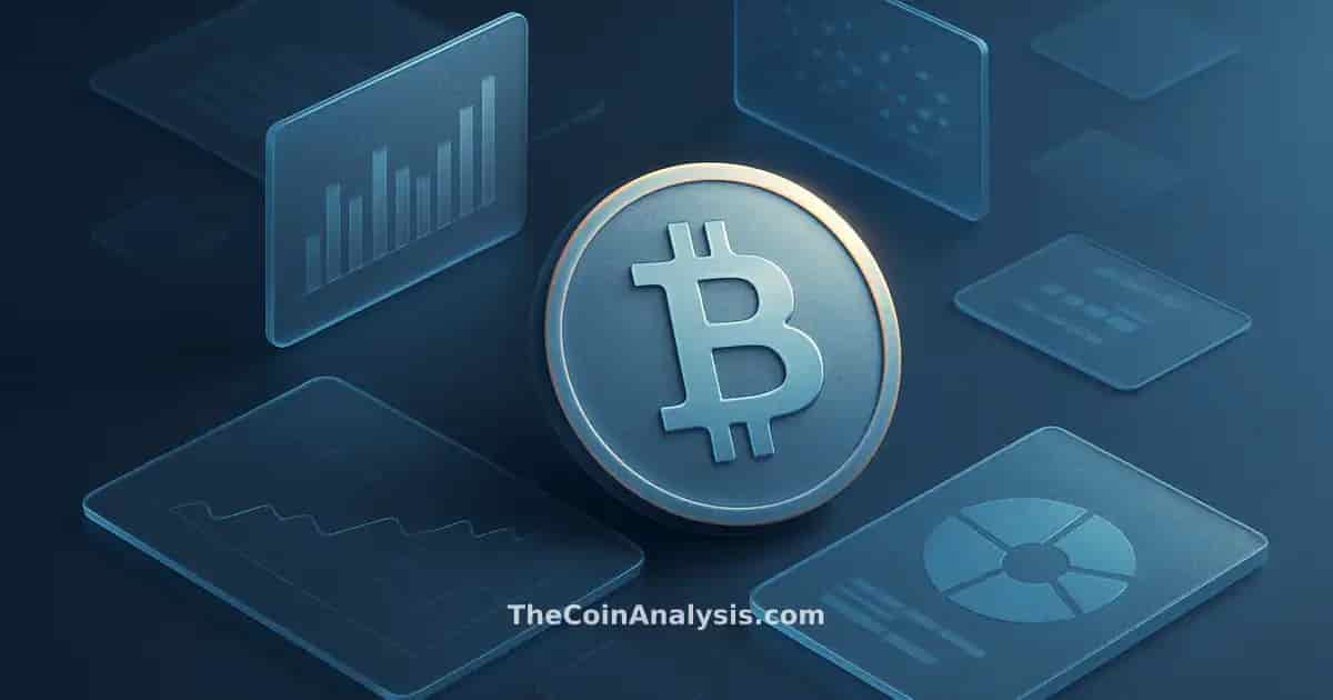 Illustration isométrique d’une pièce Bitcoin stylisée en verre givré flottant sur fond bleu nuit avec reflets glacés.
