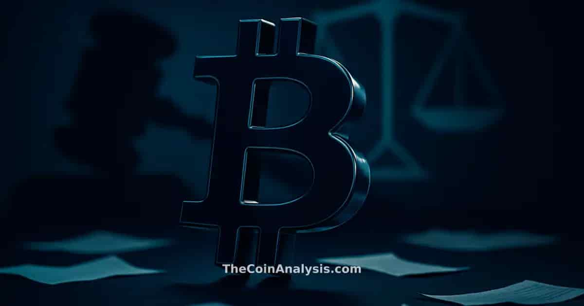 Symbole Bitcoin 3D brillant sur fond sombre avec silhouette de marteau et balances de justice abstraites.