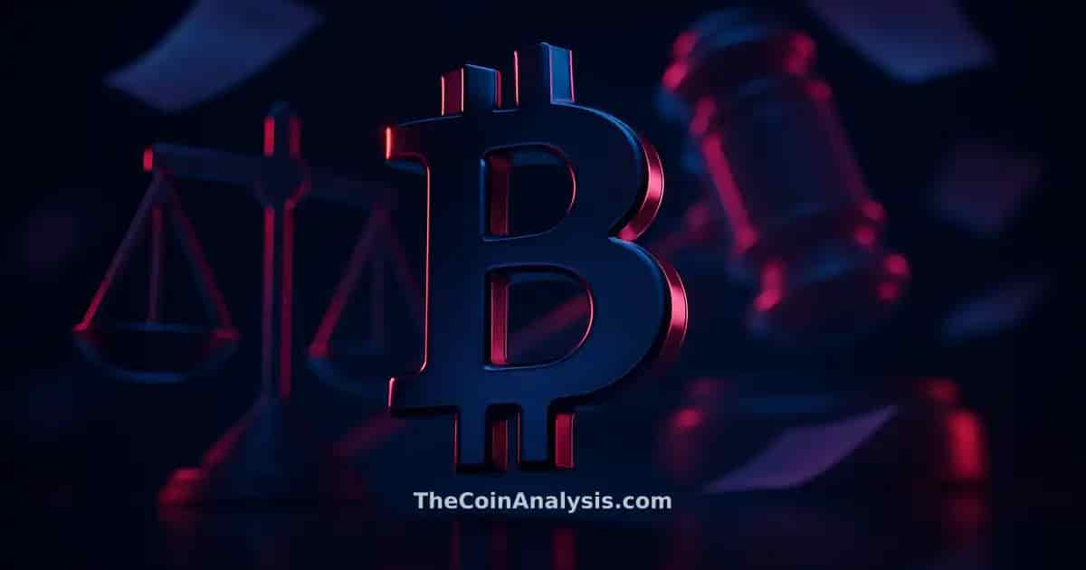 Symbole Bitcoin 3D brillant entouré d’échelles de justice et d’un marteau translucide sur fond bleu nuit.