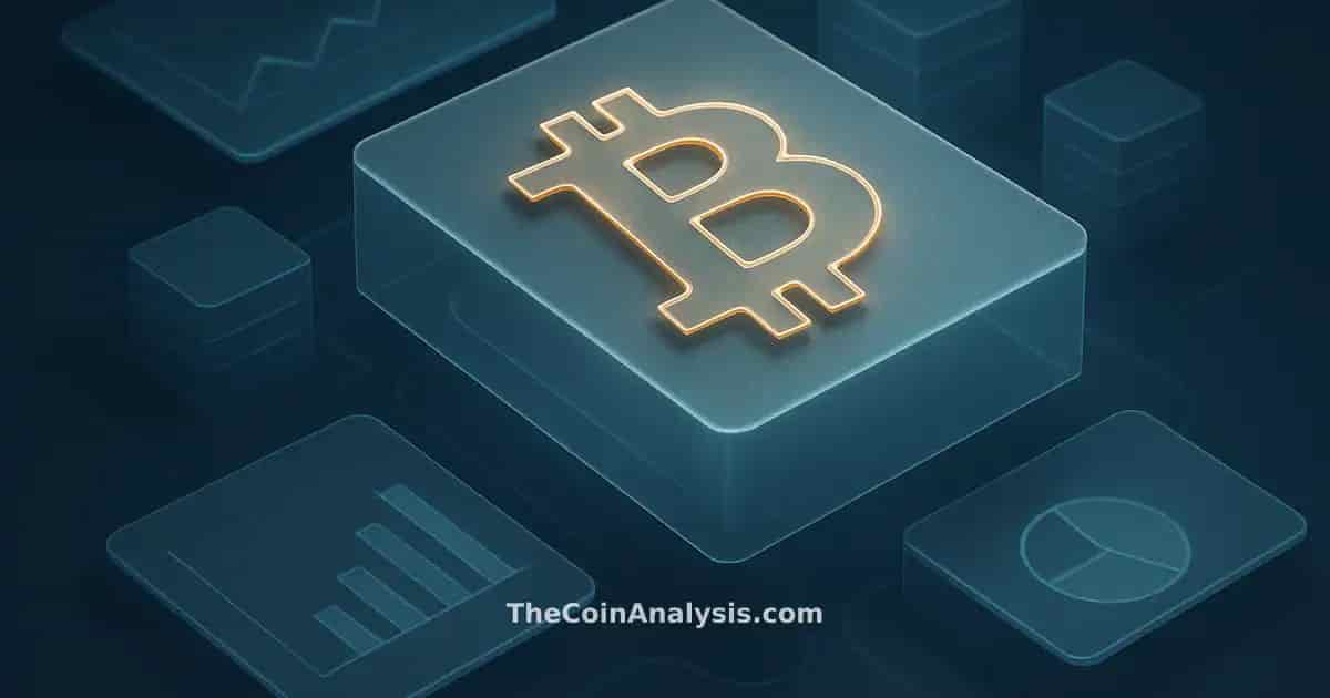 Symbole Bitcoin stylisé en verre givré entouré de serveurs isométriques sur fond bleu marine profond.