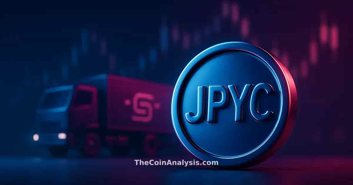 Jeton JPYC 3D brillant en bleu nuit et magenta, camion stylisé avec motif paiement digital, chandeliers boursiers flous.