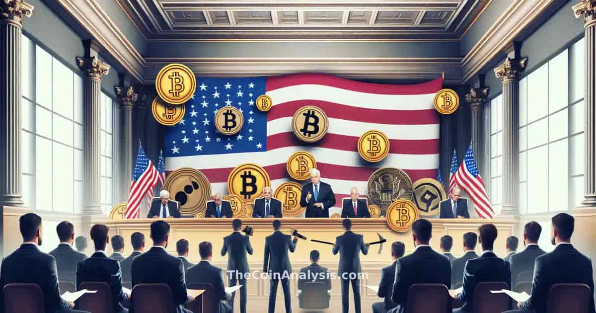 Sénateurs américains sérieux entourés de symboles cryptographiques dans une ambiance législative sombre.