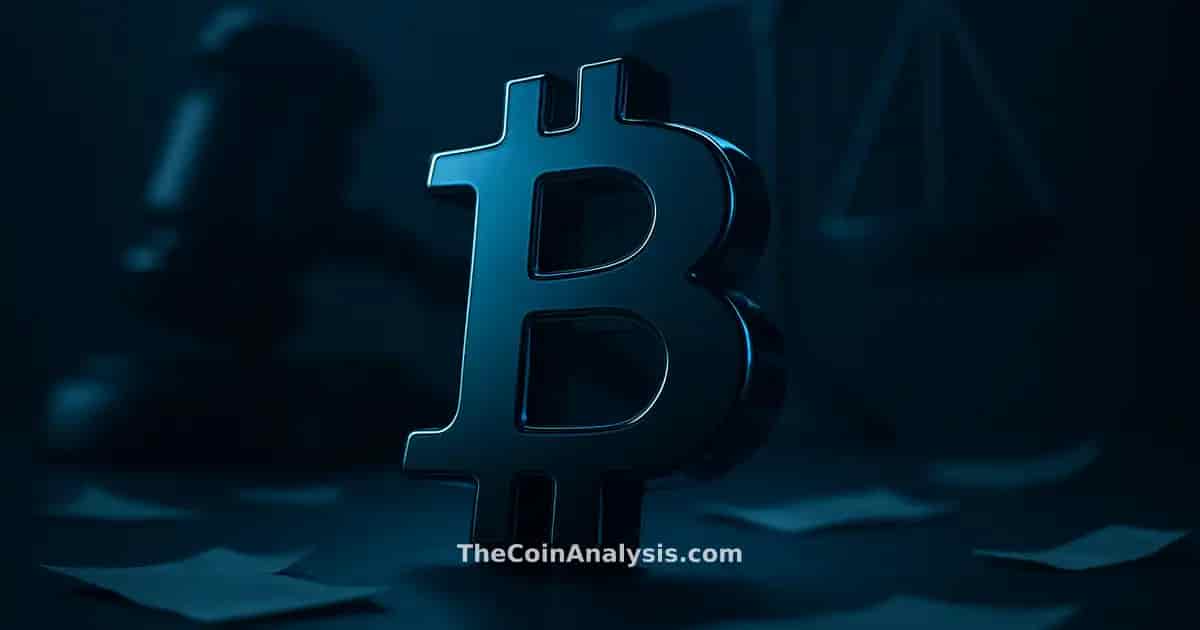 Symbole Bitcoin 3D brillant sous lumière dramatique, silhouette de marteau et balances de justice floues en arrière-plan.