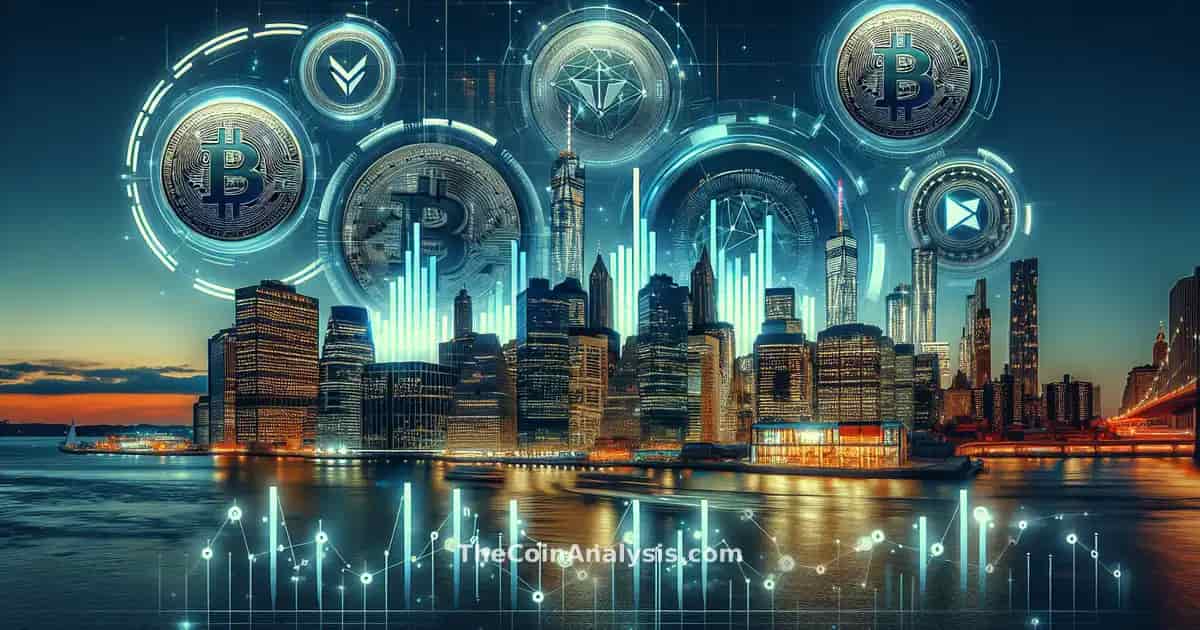 Carte en verre stylisée montrant pièces de crypto, graphiques numériques et skyline de New York en arrière-plan.