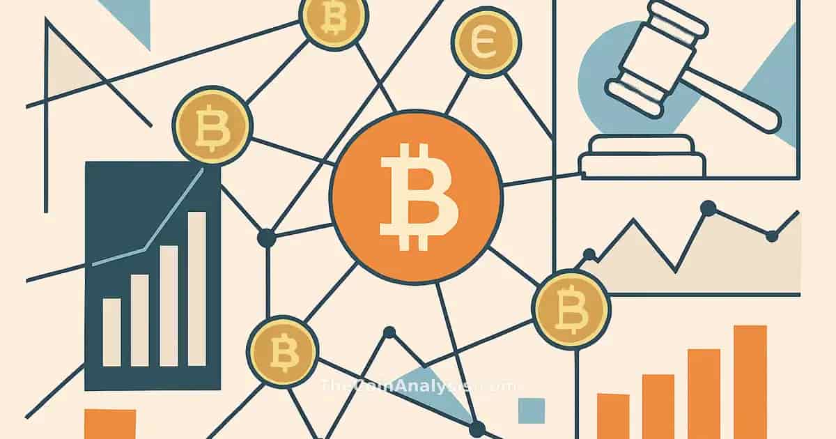 Illustration géométrique abstraite de pièces numériques, lignes interconnectées et graphiques de données financières.