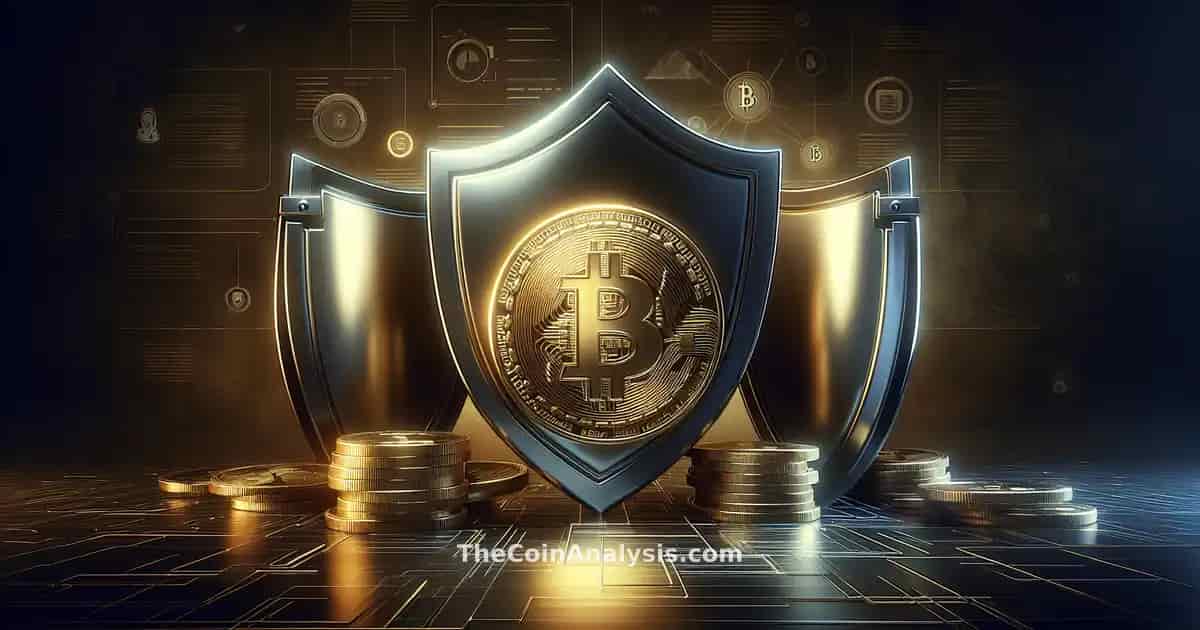 Bitcoin doré protégé par des barrières métalliques sous des tons sombres, symbolisant une protection contre le risque.
