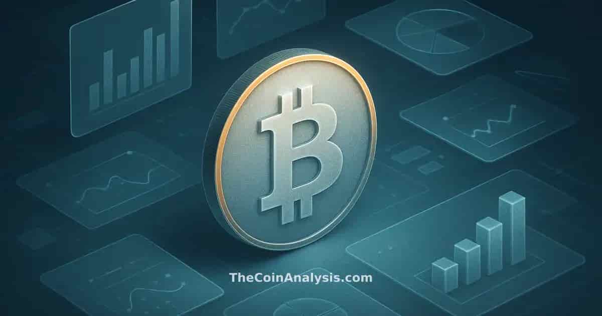 Illustration isométrique d’une pièce Bitcoin stylisée flottant au centre de panneaux vitrifiés holographiques.