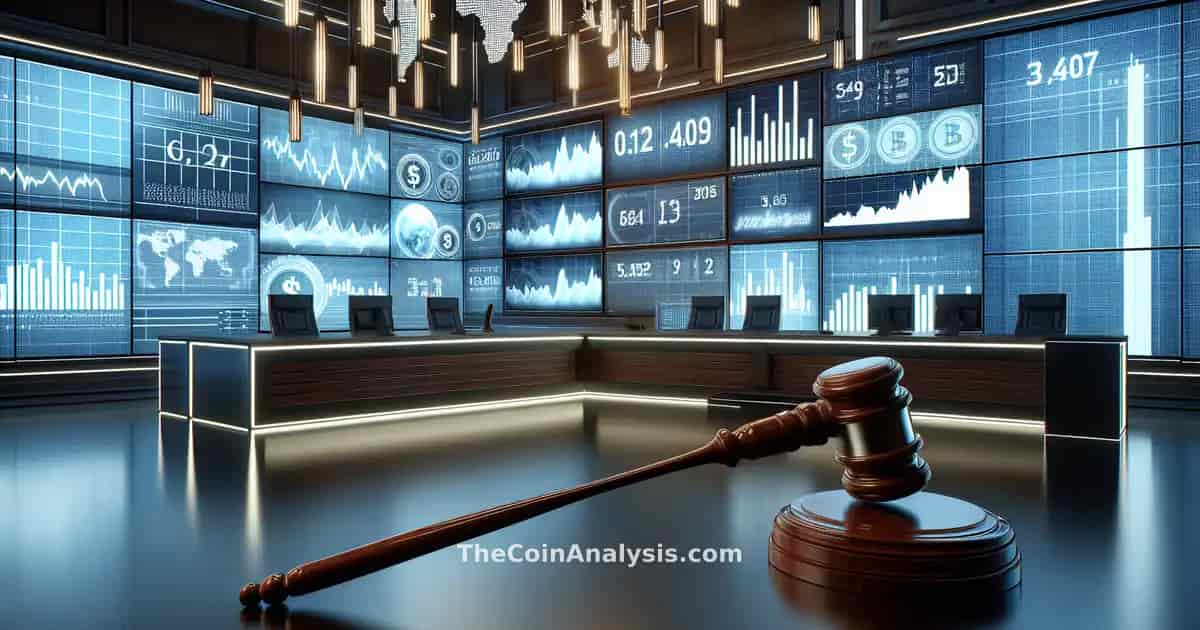 Plateau de newsroom moderne avec écrans affichant graphiques cryptomonnaie et marteau de juge symbolisant faillite.