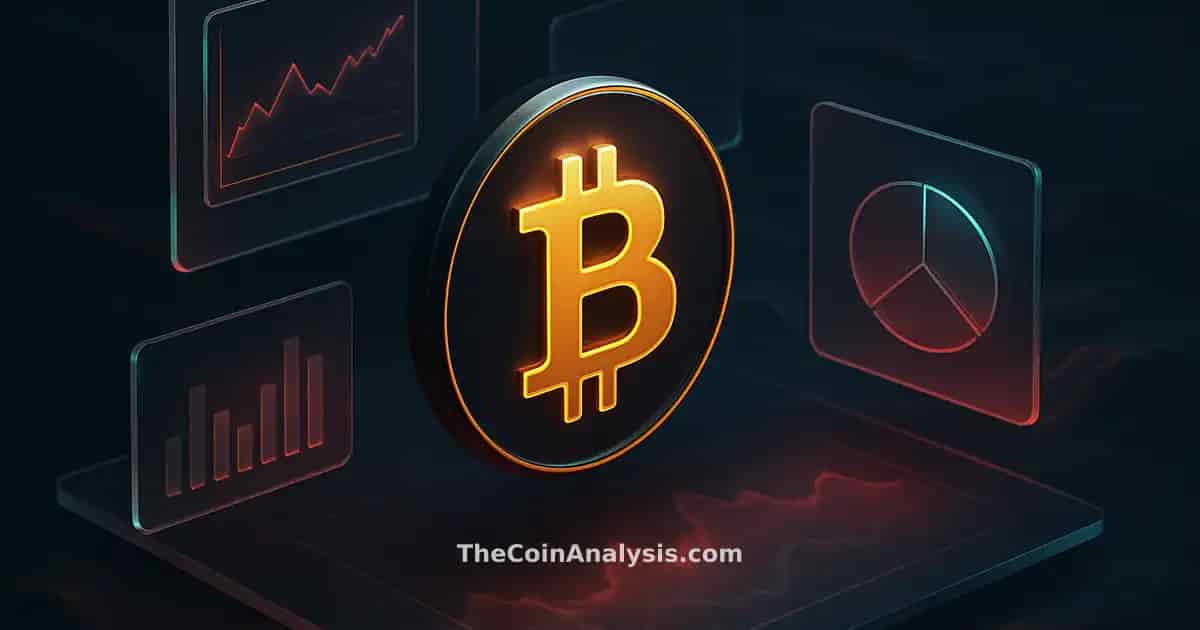 Illustration isométrique de Bitcoin flottant lumineux sur fond bleu marine avec vagues de données abstraites orageuses.