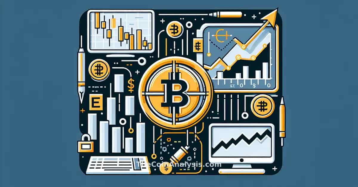 Illustration numérique d’une pièce Bitcoin stylisée devant un graphique ETF avec courbes en baisse et hausse modérées.