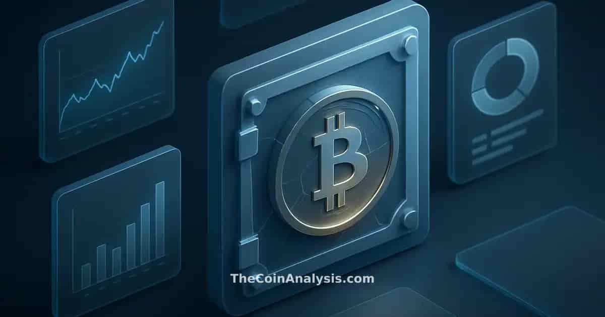 Illustration isométrique d’une pièce Bitcoin dorée dans un coffre-fort en verre givré avec fissures glacées.
