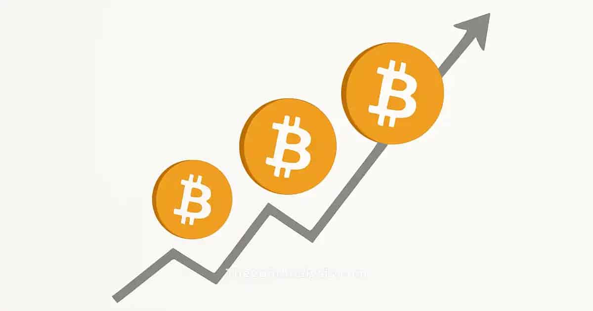 Illustration minimaliste de pièces Bitcoin stylisées avec des courbes ascendantes sur fond blanc épuré.
