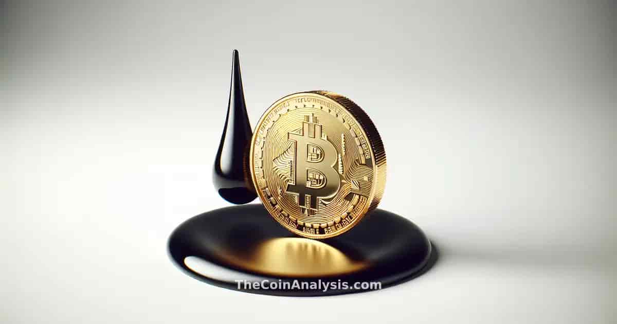 Pièce Bitcoin dorée stylisée à côté d’une goutte d’huile noire minimaliste sur fond blanc épuré.