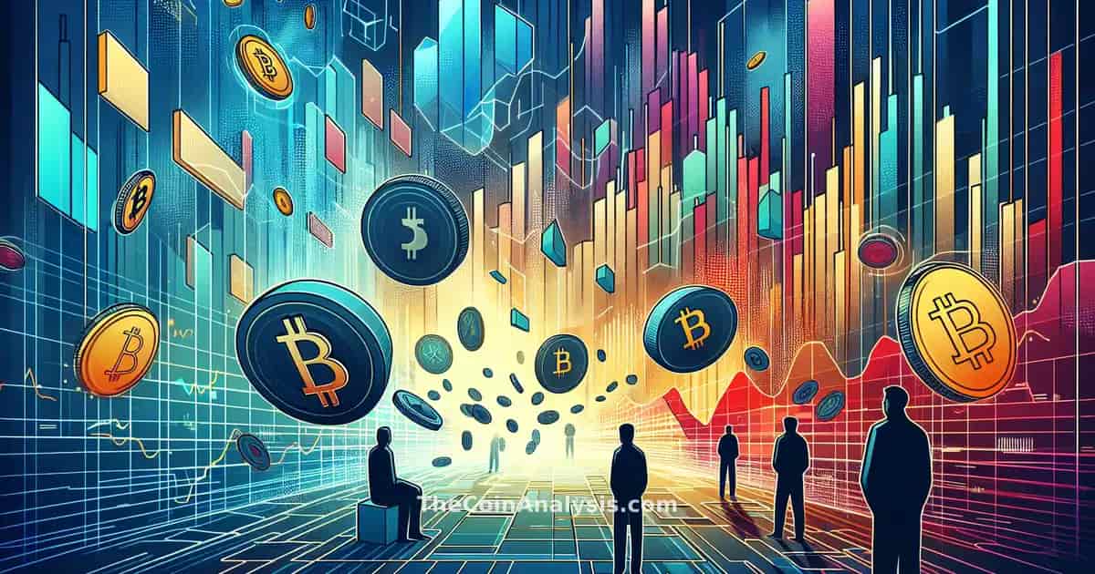 Illustration géométrique colorée mêlant pièces de crypto, graphiques financiers et silhouettes mystérieuses.