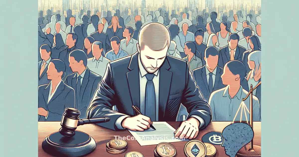 Illustration minimaliste d’un trader concentré au milieu d’une foule floue avec symboles crypto et régulation.