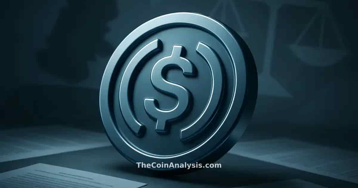 Symbole 3D brillant de l’USD Coin en avant-plan, marteau et balance de justice stylisés en arrière-plan flou.
