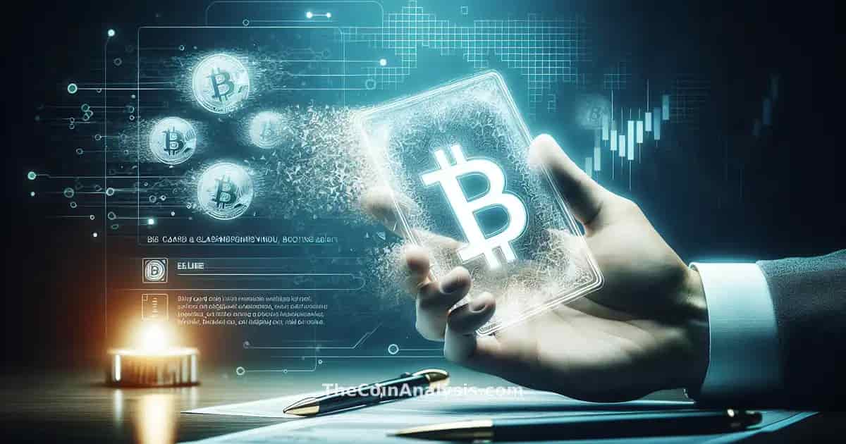 Carte moderne en verre avec des bitcoins numériques se dissolvant, fond avec motif d’alerte flou.