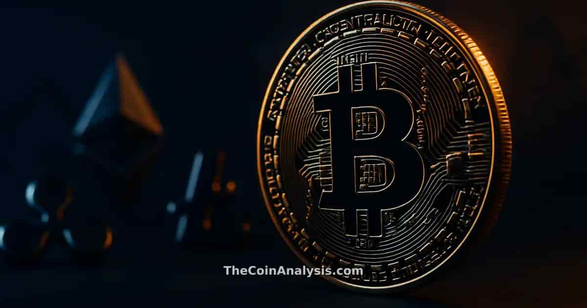 Pièce Bitcoin 3D brillante en lumière dorée sur fond bleu marine sombre avec ombres dramatiques et flou artistique