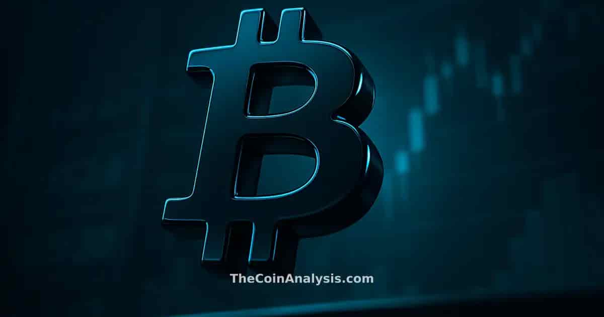 Symbole Bitcoin 3D brillant en contre-plongée, entouré de graphiques boursiers flous sur fond bleu électrique.