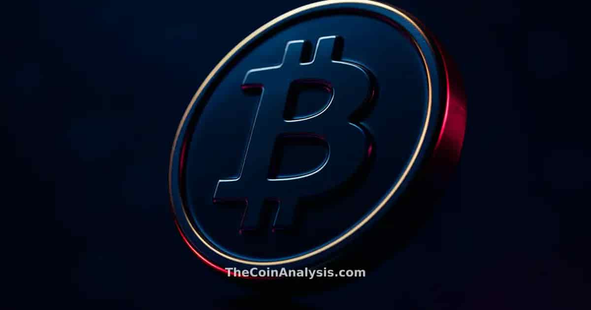 Pièce Bitcoin 3D brillante avec contour doré, éclairage dramatique bleu nuit et magenta sur fond flou marine.