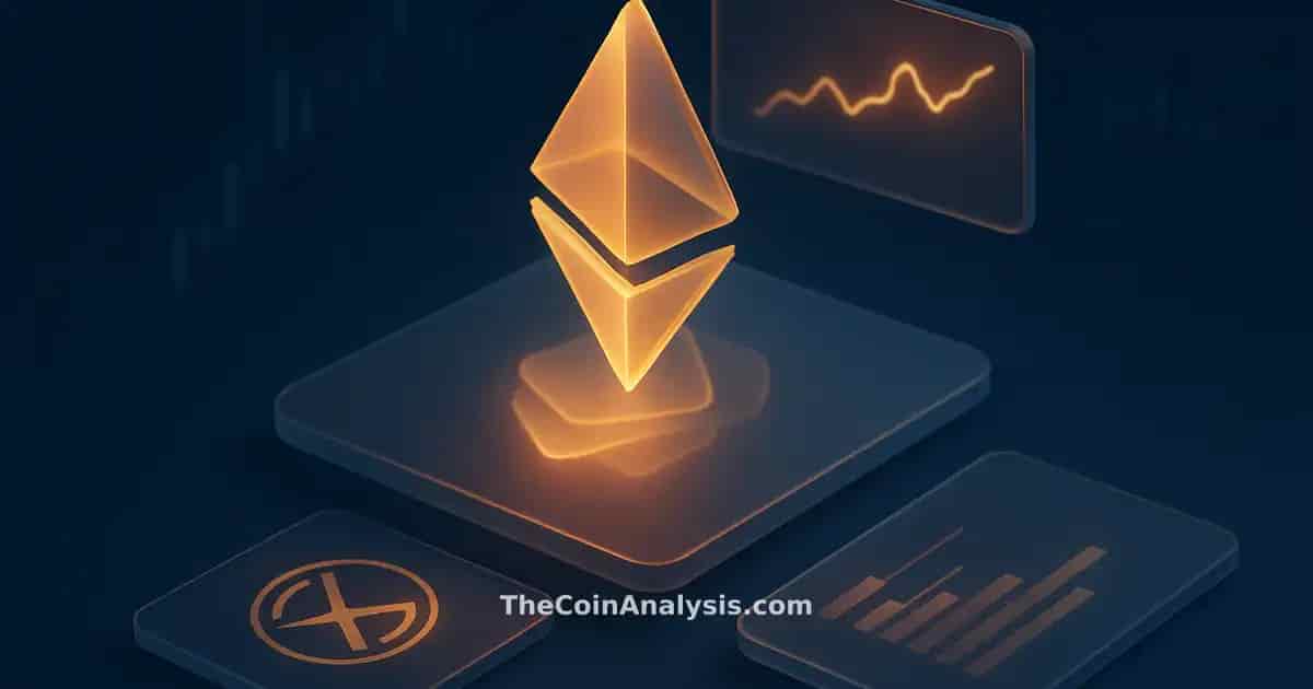Illustration isométrique avec symboles Ethereum translucides et duplication fluide de tokens sur fond bleu nuit et ambre.