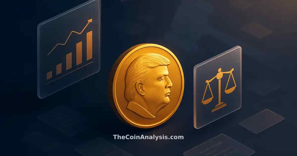Pièce stylisée TRUMP entourée de balances de justice géométriques, gavel translucide et documents flottants.