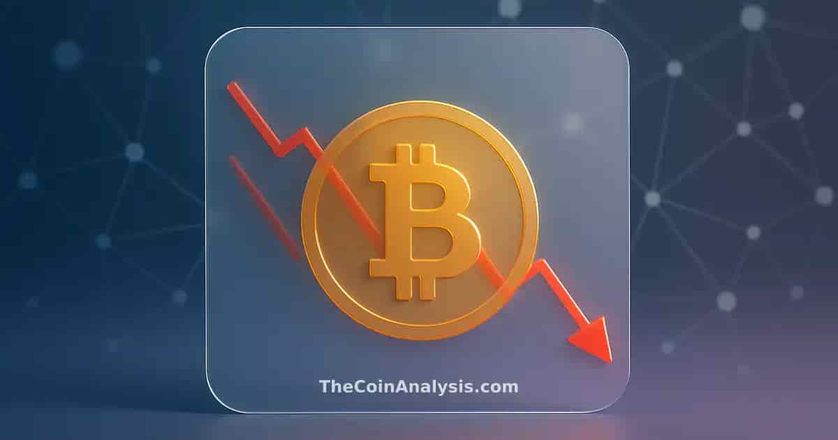 Carte en verre avec pièce Bitcoin, graphique en baisse et nœuds de réseau stylisés en arrière-plan.