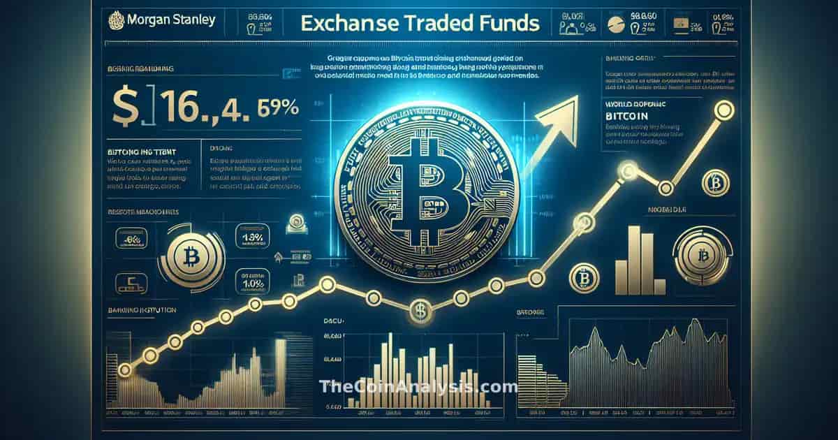 Infographie moderne montrant croissance des ETF Bitcoin avec logo Morgan Stanley et graphiques numériques en hausse.