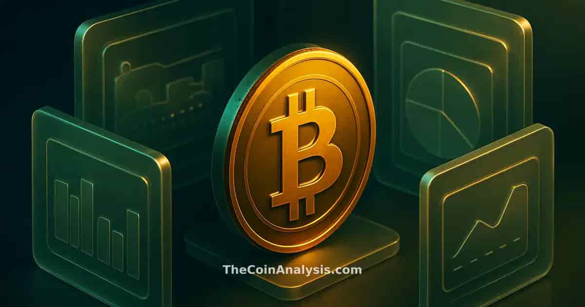 Pièce Bitcoin stylisée dorée entourée de panneaux en verre givré flottants sur fond bleu nuit profond