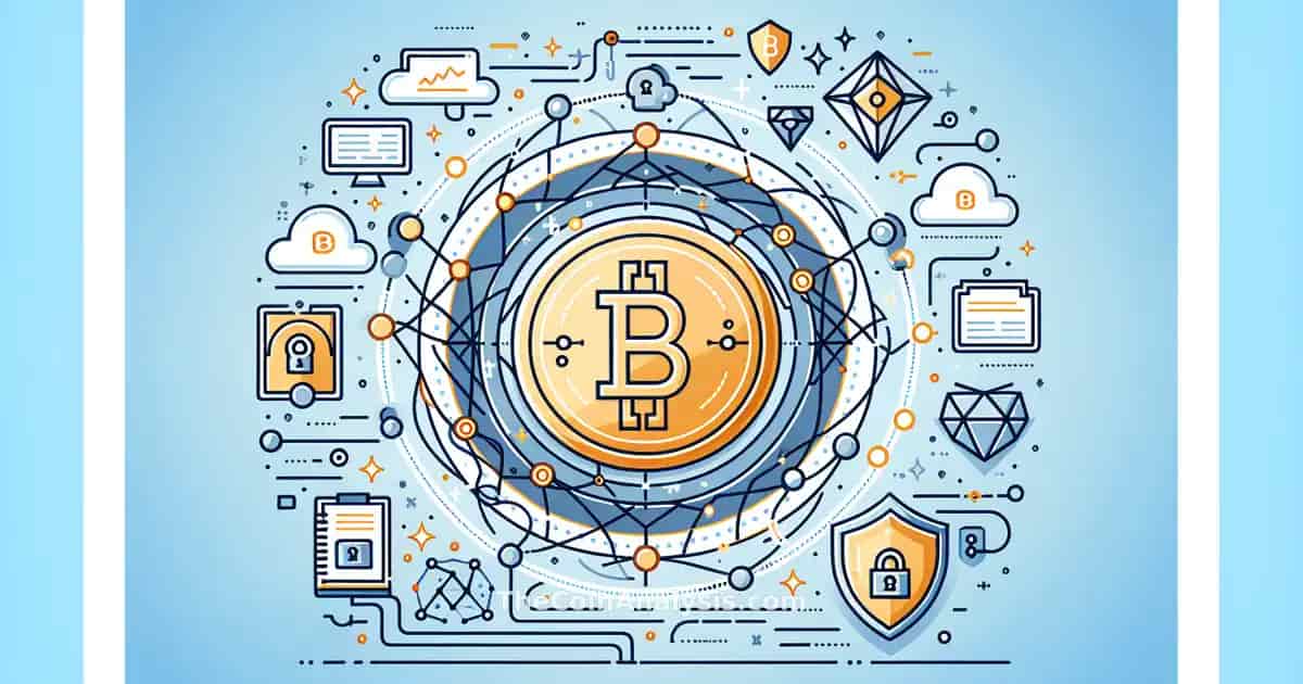 Infographie moderne avec symbole Bitcoin, éléments d'ordinateur quantique et bouclier de sécurité en arrière-plan.