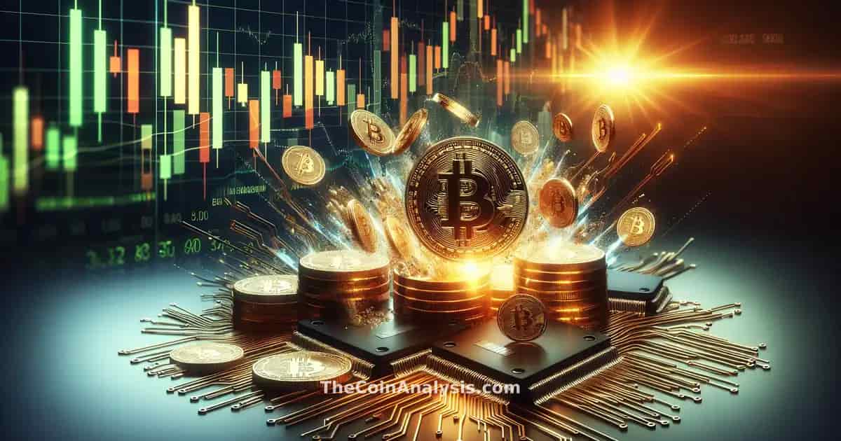 Pièces Bitcoin 3D brillantes entourées de microprocesseurs éclatant avec graphique chandelier en arrière-plan.