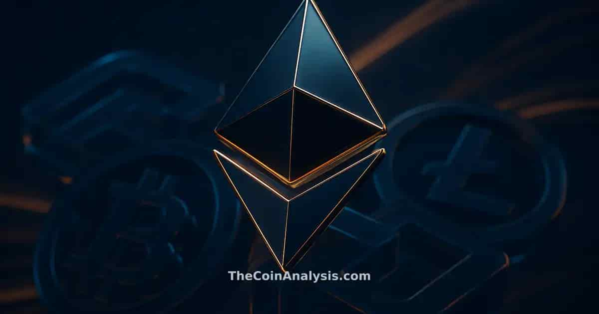 Symbole Ethereum stylisé brillant entouré de blocs translucides et rubans de données sur fond sombre hexagonal.