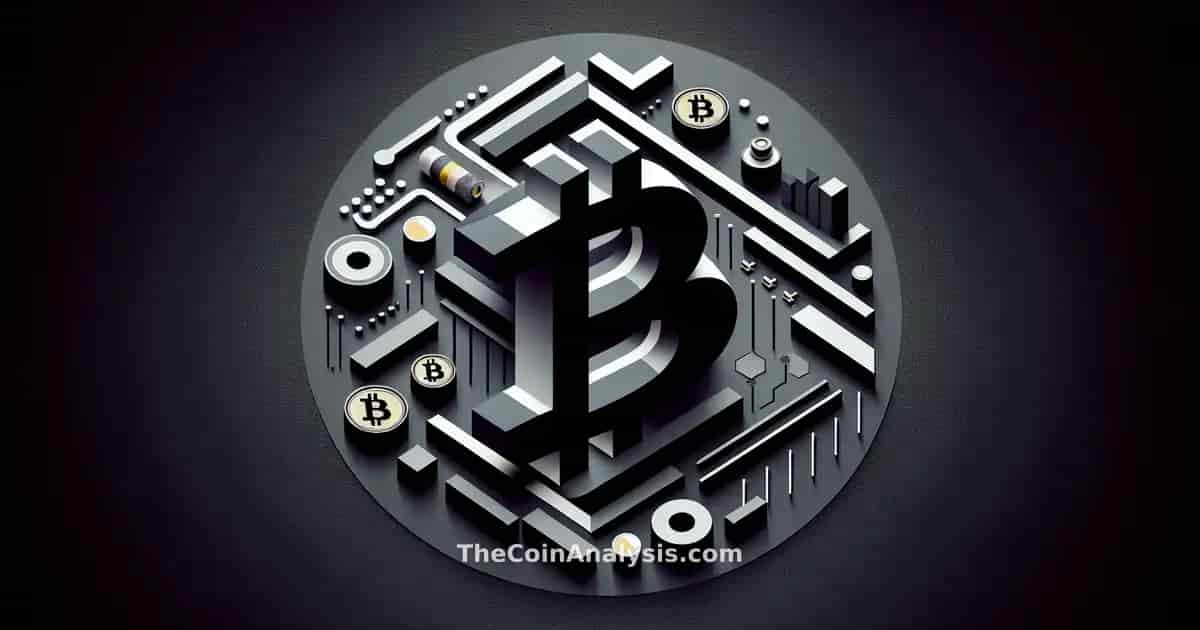 Graphique moderne avec formes géométriques audacieuses et grand symbole Bitcoin stylisé évoquant puissance financière.