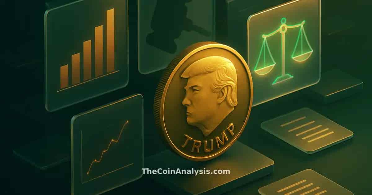 Pièce stylisée TRUMP en verre givré flottant, balances de justice géométriques et documents holographiques verts et dorés.