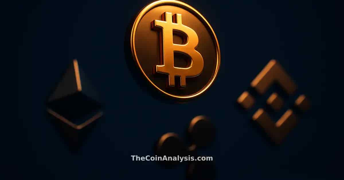 Bitcoin stylisé en 3D flottant, éclairé d’un halo doré, sur fond bleu marine sombre avec effet bokeh.