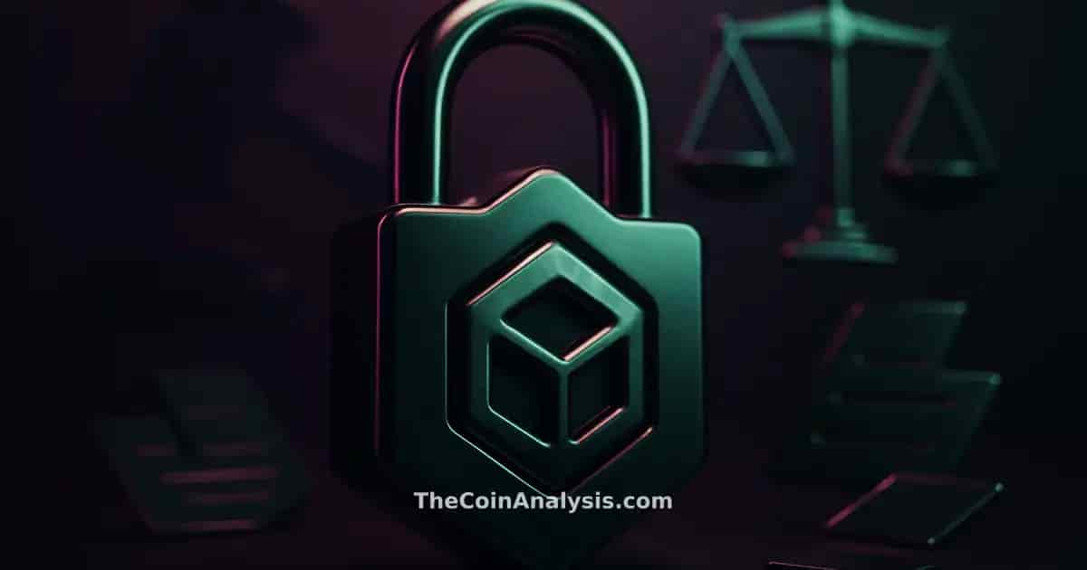 Verrou 3D stylisé fusionné avec un nœud blockchain, silhouette de marteau et balances de justice, documents fragmentés.