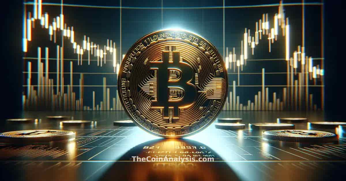 Bitcoin 3D brillant au centre avec éclairage dramatique, pièces photoréalistes et graphique boursier en arrière-plan