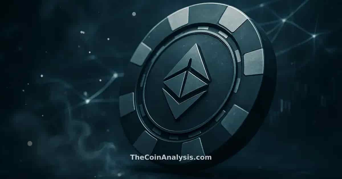 Jetons de casino stylisés intégrant un glyph crypto, fumée et filaments lumineux dans une ambiance sombre.